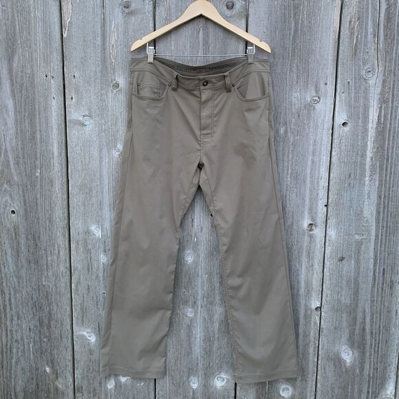 PRANA Pants Mens Sz 36 Brown Stretch Water Repellent Fabric Zip 6 Pocket Outdoor - Picture 2 of 13